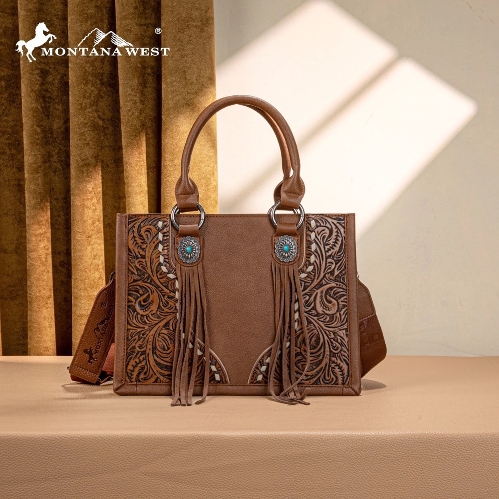 Montana West Tooled Concho Tote/Crossbody -Brown